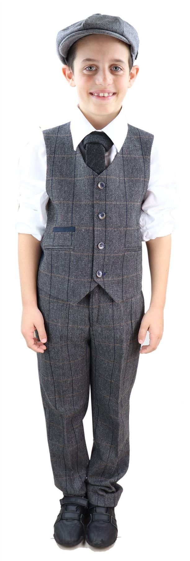 Berniuko pilkas tvido trijų dalių kostiumas su „Peaky Blinders“ užtrauktuku Albert - vestuvinis kostiumas