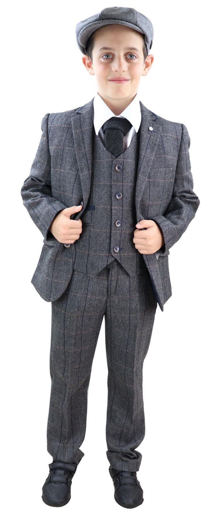 Berniuko pilkas tvido trijų dalių kostiumas su „Peaky Blinders“ užtrauktuku Albert - vestuvinis kostiumas