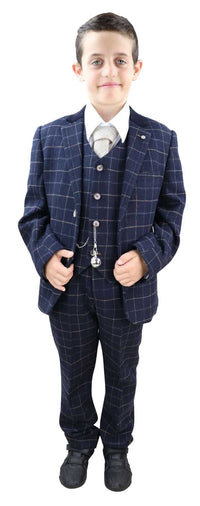 Berniukas tamsiai mėlynas languotas trijų dalių kostiumas - Peaky Blinders Suit Shelby
