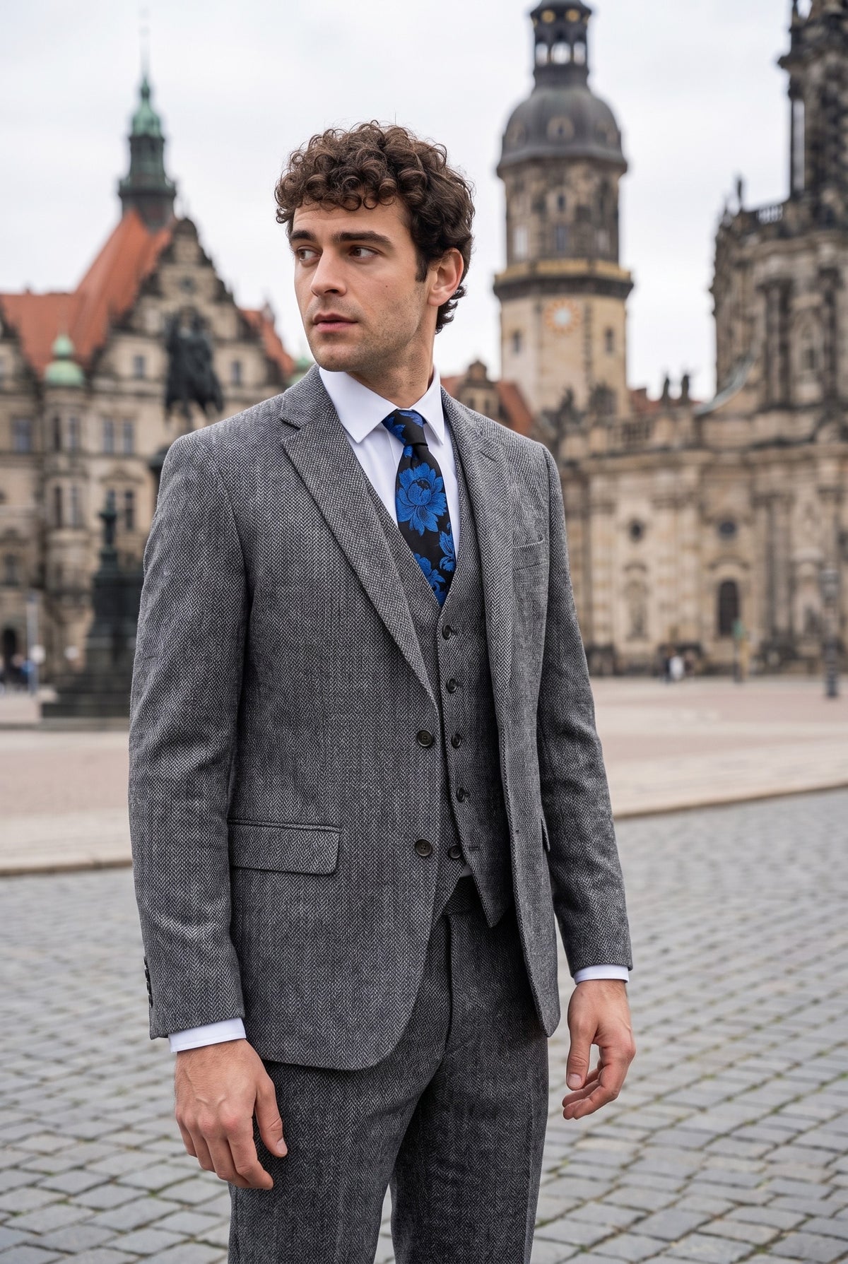 Look #974 styled with IM41 - Pilkas trijų dalių tvido kostiumas vyrams su silkės kaulo raštu