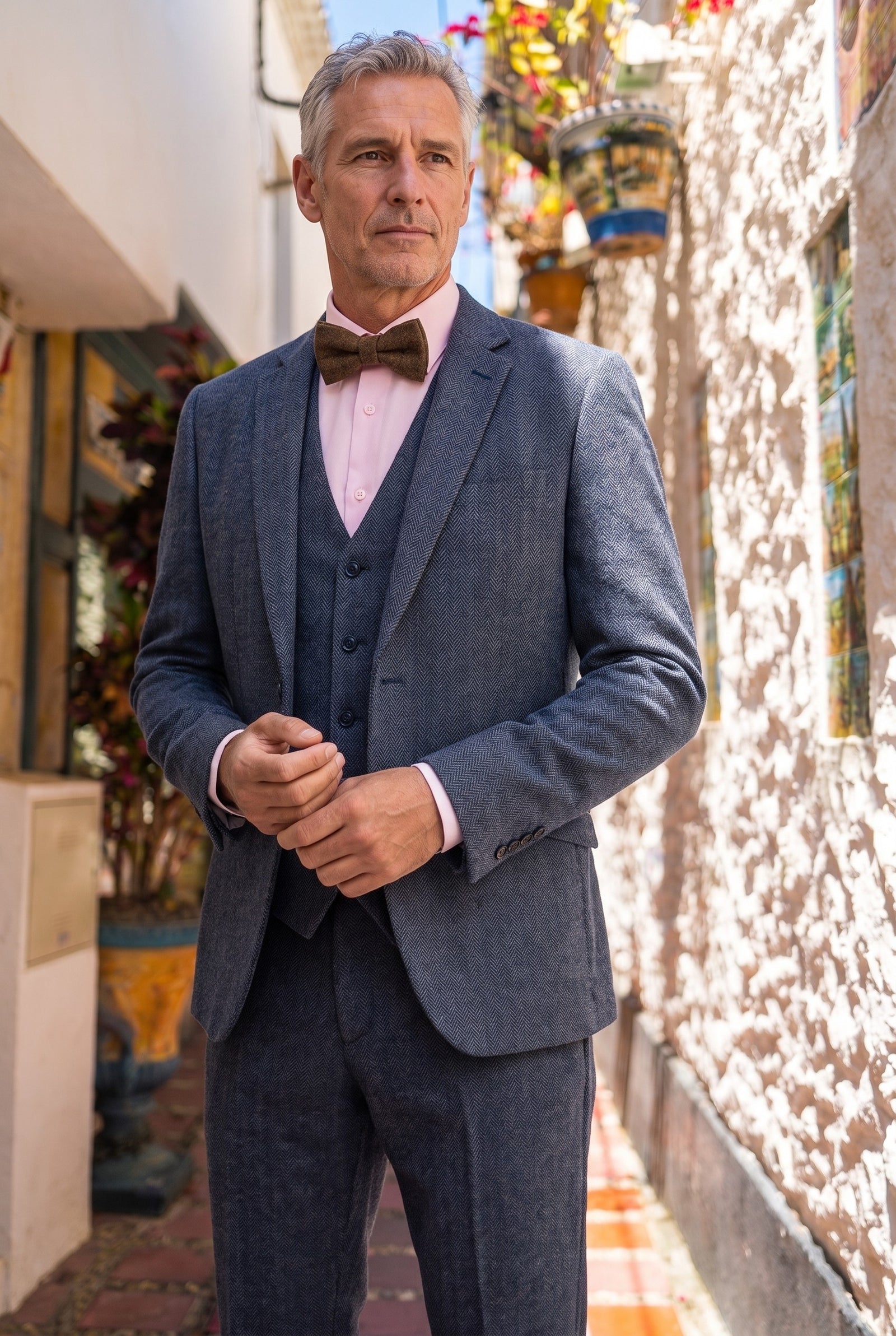 Look #956 styled with Vyriškos tvido „Eglutės kaulo“ tekstūruotos Marc Darcy peteliškės su vintažiniu retro raštu, įdegusios rudos spalvos Nelson