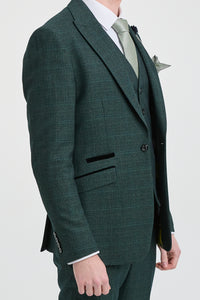 Vyriškas trijų dalių languotas tvido kostiumas, alyvuogių žalios spalvos, pritaikytas kirpimas, vestuvinis, klasikinis, su smailia juostele