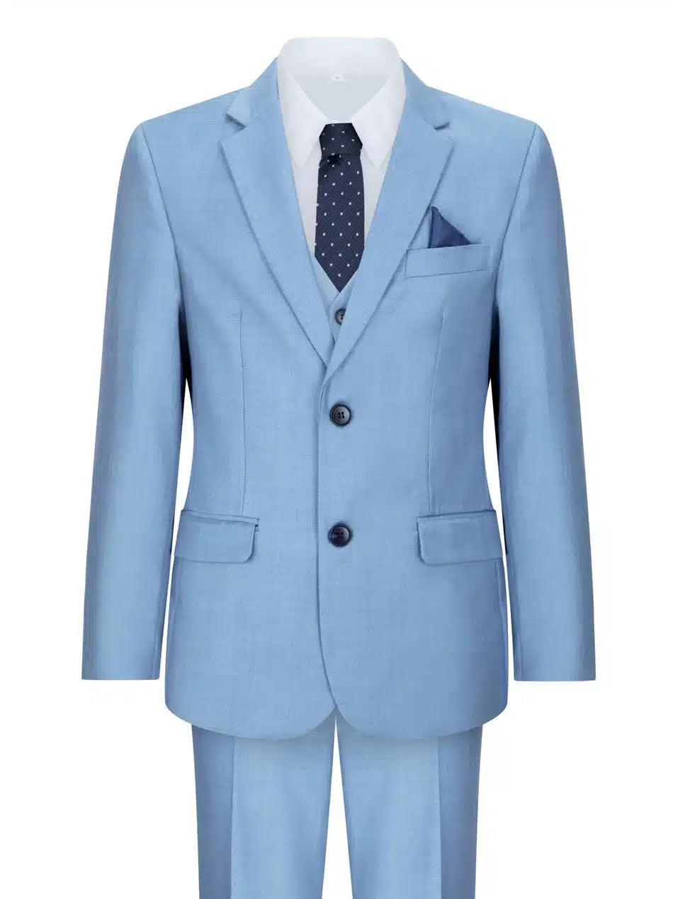 Berniukas, trijų dalių kostiumas, šviesiai mėlynas, vestuvėms, vakarėliui, krikštynoms, elegantiškas, formalus