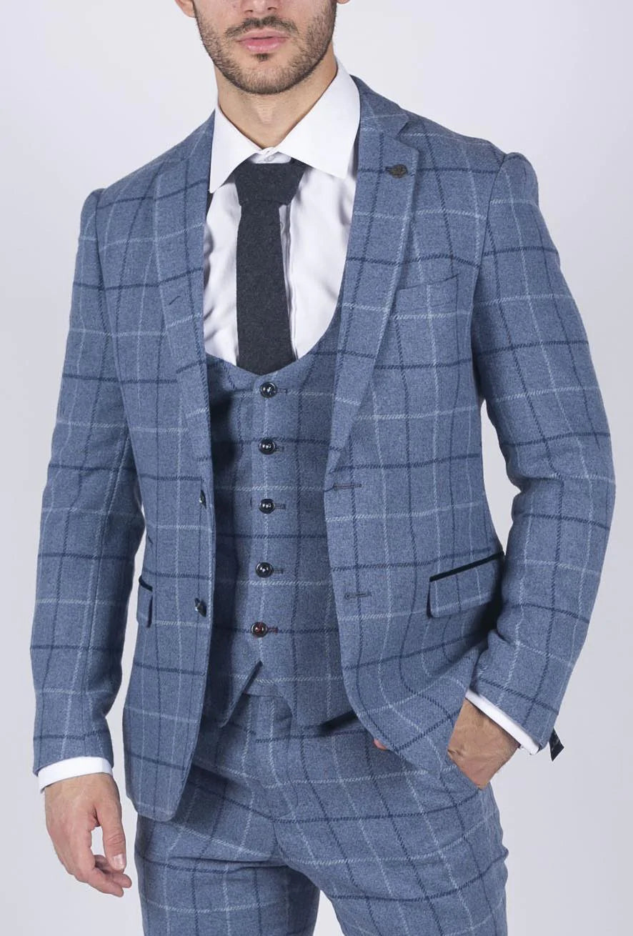 Vyriškas Marc Darcy šviesiai mėlynas tamsiai mėlynas languotas švarkas, elegantiškas, laisvalaikio stiliaus tvido švarkas, plonas kirpimas, Clinton