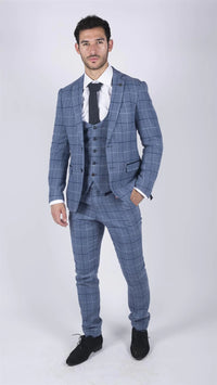 Vyriškas Marc Darcy šviesiai mėlynas, tamsiai mėlynas, languotas, trijų dalių kostiumas, elegantiškas, laisvalaikio stiliaus, tvido, plonas, Clinton