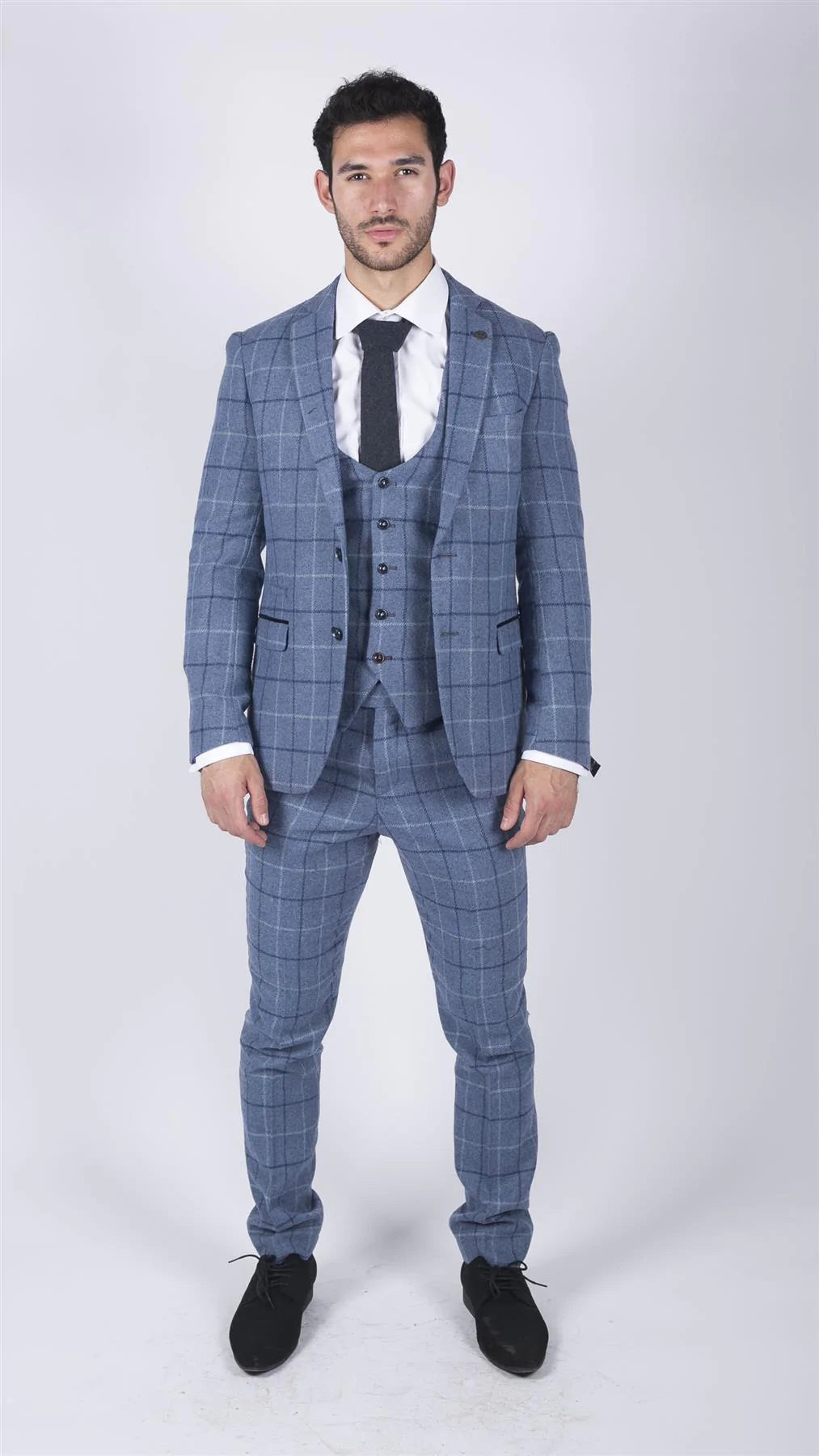 Vyriškas Marc Darcy šviesiai mėlynas, tamsiai mėlynas, languotas, trijų dalių kostiumas, elegantiškas, laisvalaikio stiliaus, tvido, plonas, Clinton