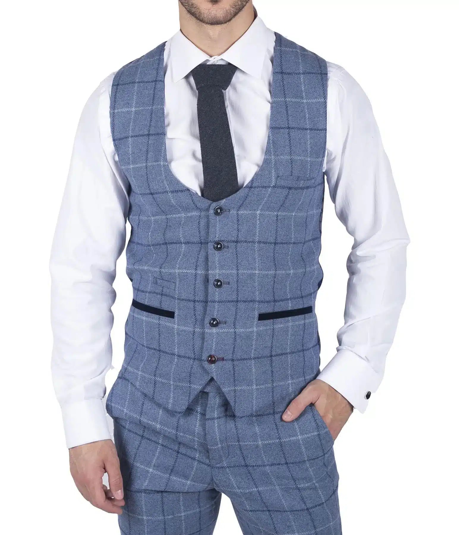 Vyriška Marc Darcy šviesiai mėlyna tamsiai mėlyna languota liemenė elegantiška laisvalaikio tvido liemenė plonas kirpimas Clinton