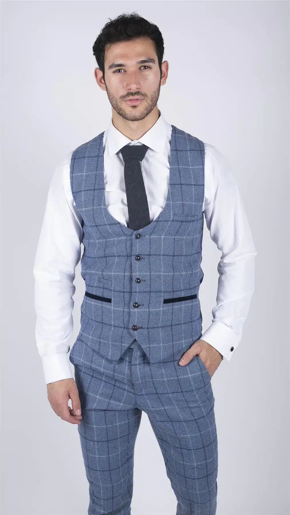 Vyriška Marc Darcy šviesiai mėlyna tamsiai mėlyna languota liemenė elegantiška laisvalaikio tvido liemenė plonas kirpimas Clinton