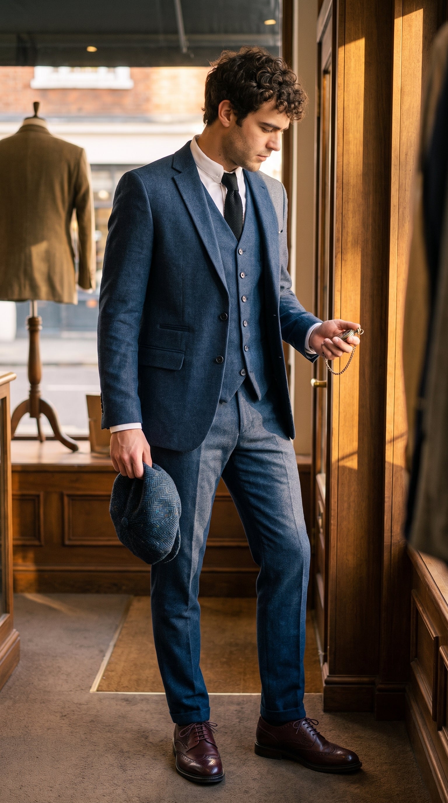 Look #828 styled with Vyriškas tamsiai mėlynas „Peaky Blinders“ vilnonis kostiumas