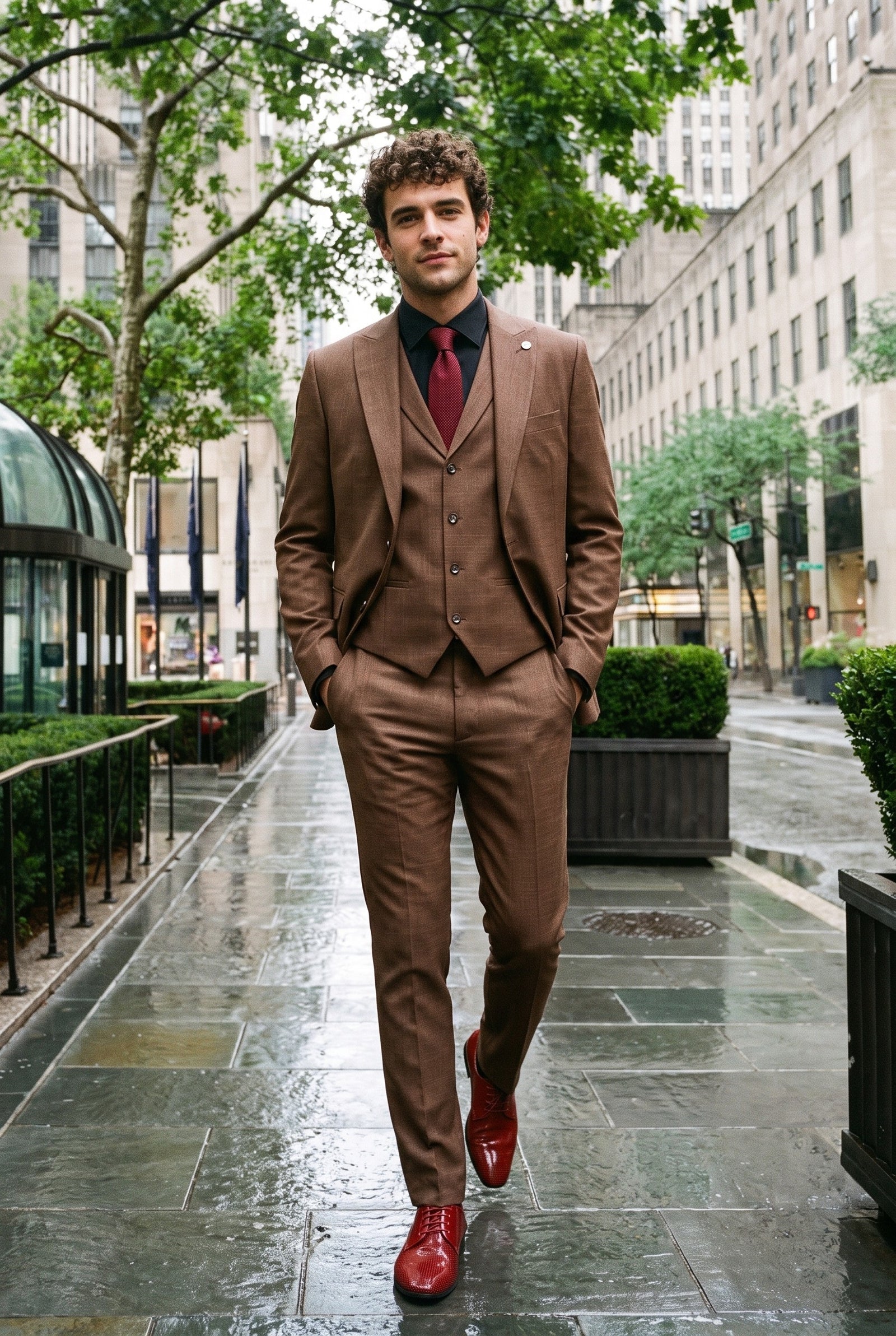 Look #284 styled with James vyriškas trijų dalių paprastas rudas kostiumas su klasikiniu kirpimu