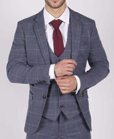 Vyriškas Marc Darcy mėlynas pilkas raudonas languotas švarkas, elegantiškas, laisvalaikio tvido, plonas, Drake stiliaus.