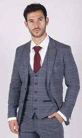 Vyriškas Marc Darcy mėlynas pilkas raudonas languotas švarkas, elegantiškas, laisvalaikio tvido, plonas, Drake stiliaus.