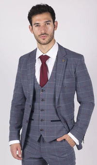 Vyriškas Marc Darcy mėlynas pilkas raudonas languotas švarkas, elegantiškas, laisvalaikio tvido, plonas, Drake stiliaus.