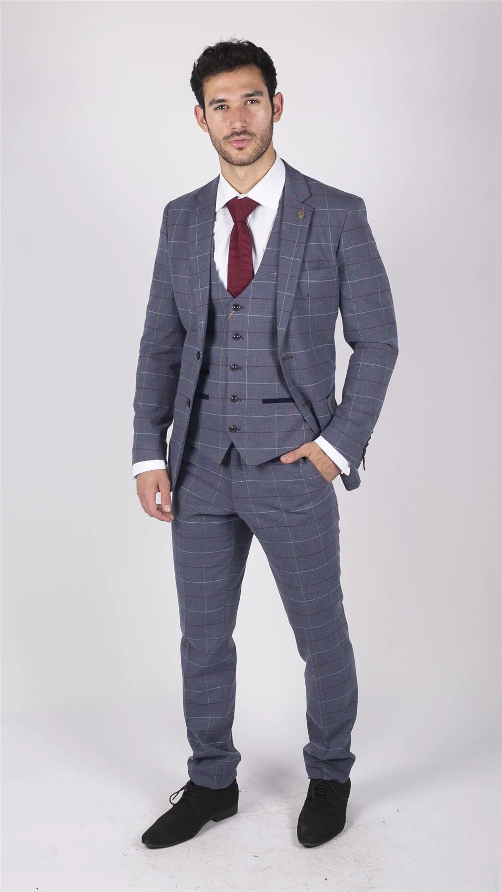Vyriškas Marc Darcy mėlynai pilkai raudonai languotas trijų dalių kostiumas, elegantiškas, laisvalaikio stiliaus, tvido, lieknas, drake stiliaus