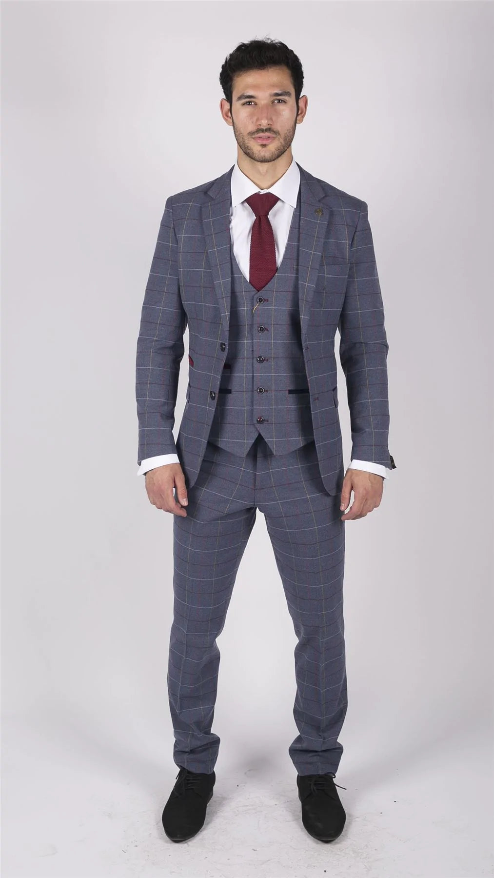 Vyriškas Marc Darcy mėlynai pilkai raudonai languotas trijų dalių kostiumas, elegantiškas, laisvalaikio stiliaus, tvido, lieknas, drake stiliaus