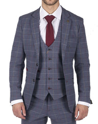 Vyriškas Marc Darcy mėlynai pilkai raudonai languotas trijų dalių kostiumas, elegantiškas, laisvalaikio stiliaus, tvido, lieknas, drake stiliaus