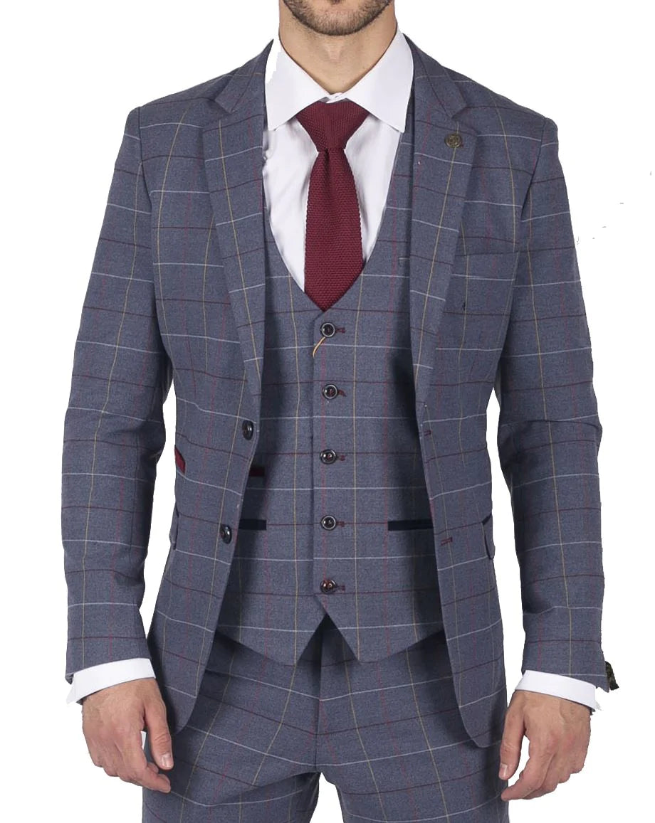 Vyriškas Marc Darcy mėlynai pilkai raudonai languotas trijų dalių kostiumas, elegantiškas, laisvalaikio stiliaus, tvido, lieknas, drake stiliaus