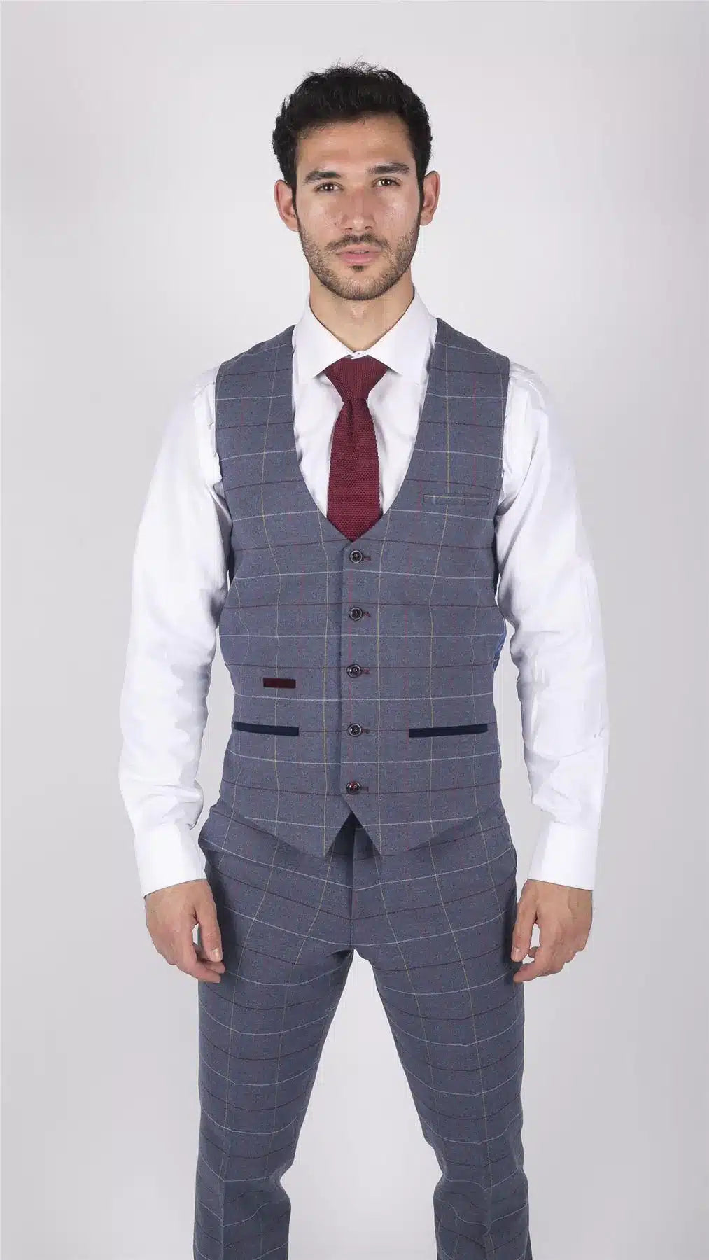 Vyriška Marc Darcy mėlyna pilka raudona languota liemenė elegantiška laisvalaikio tvido plona kirpimo drake