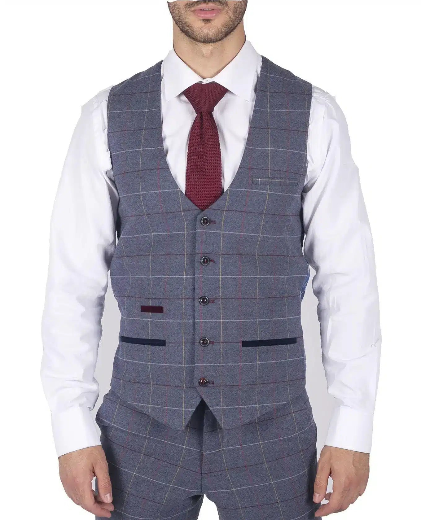 Vyriška Marc Darcy mėlyna pilka raudona languota liemenė elegantiška laisvalaikio tvido plona kirpimo drake