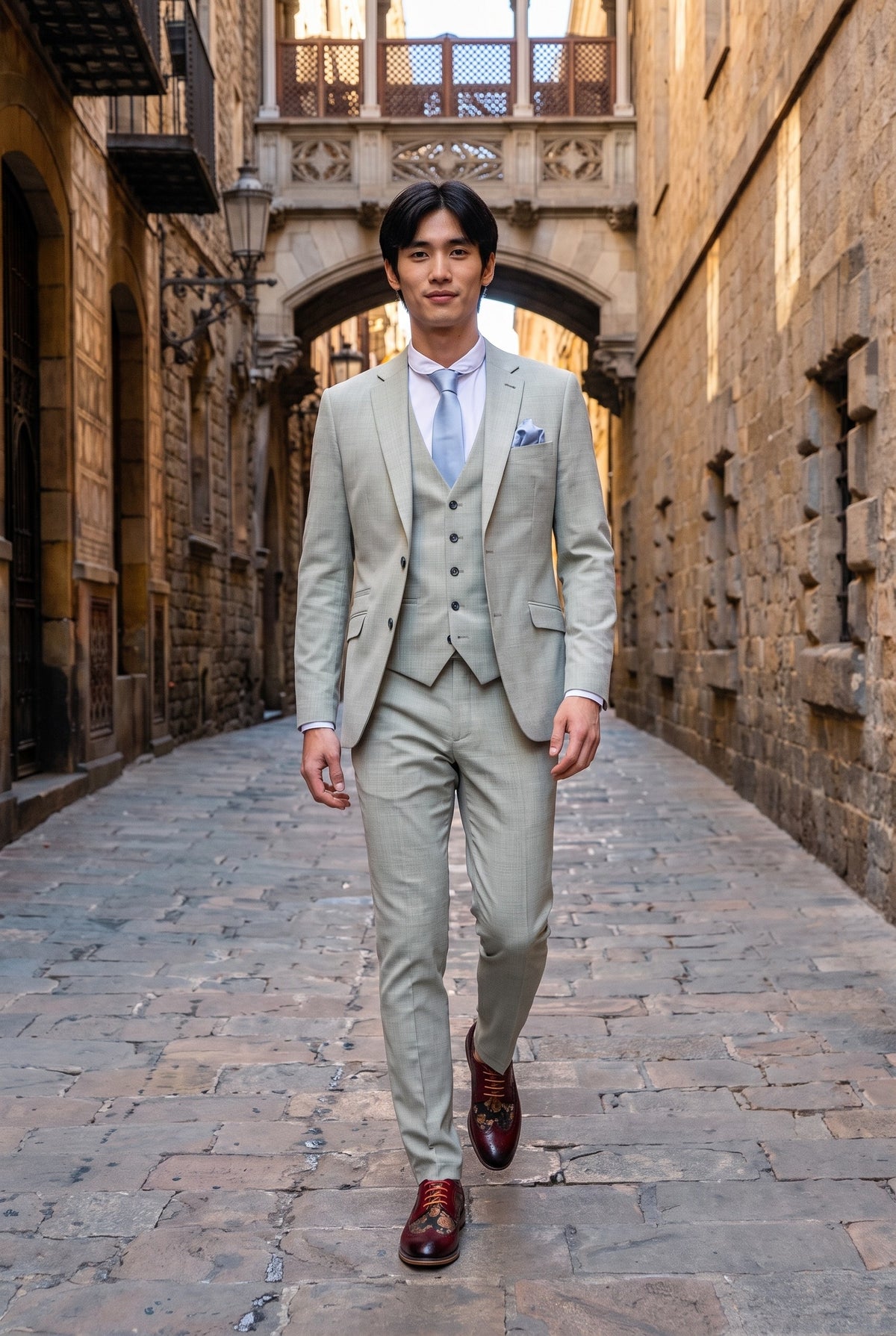 Look #238 styled with Camden - vyriškas šalavijų žalios spalvos trijų dalių prigludęs kostiumas