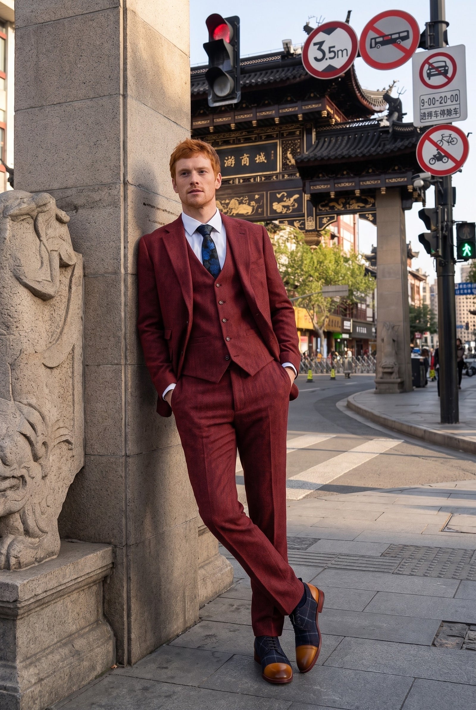 Look #271 styled with Vyriškas trijų dalių tvido kostiumas su „eglutės kaulo“ raštu, vyno spalvos, kaštoninės spalvos - STZ11