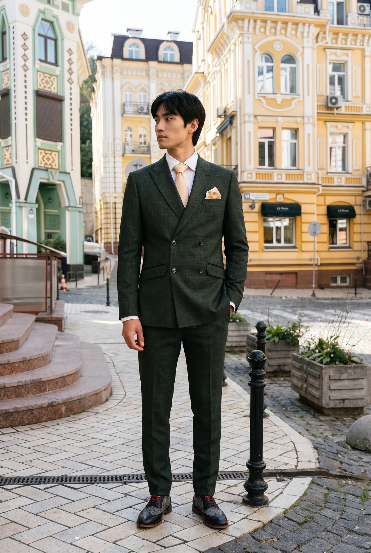 Look #780 styled with Caridi - vyriškas dviejų dalių alyvuogių žalios spalvos dvigubos eilės kostiumas