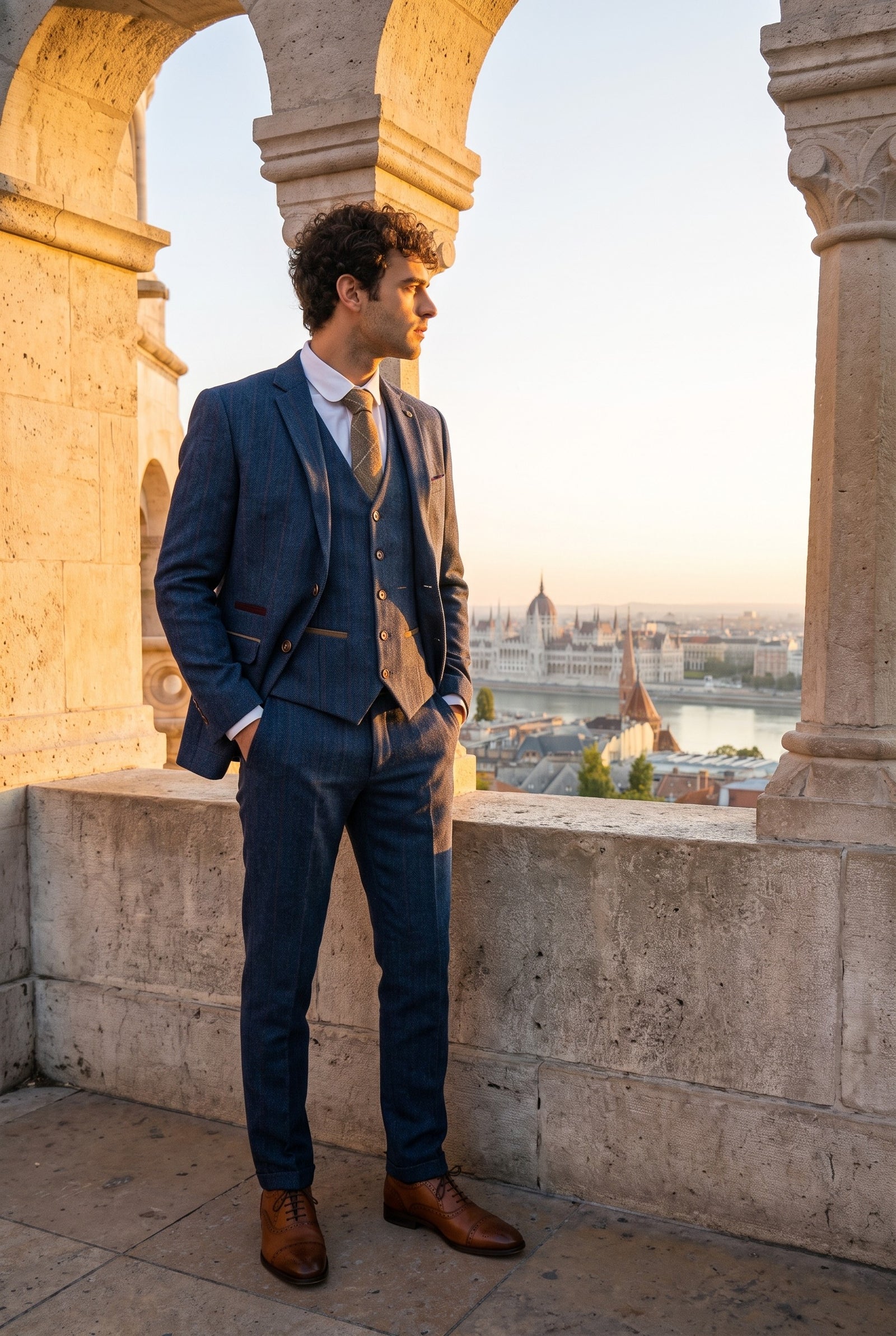 Look #365 styled with Scott vyriškas mėlynas trijų dalių tvido languotas kostiumas