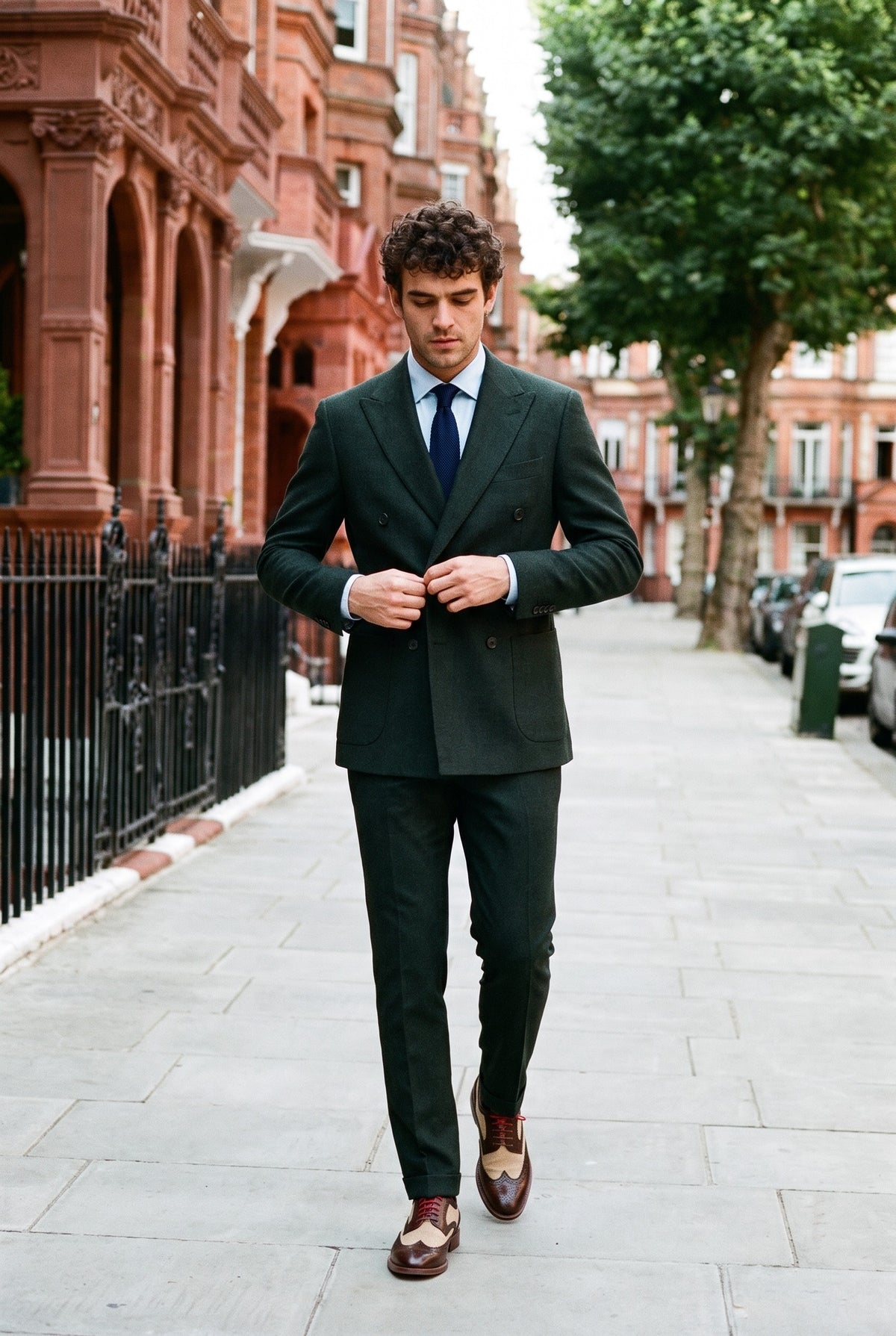 Look #591 styled with „Regent“ – vyriškas žalias dviejų dalių dvigubos eilės kostiumas