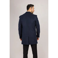 Vyriškas vilnos mišinio paltas su įpjovomis apykaklėje, tamsiai mėlynas