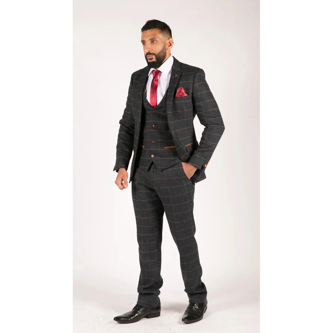 Vyriškas tamsiai mėlynas vyno languotas tvido vintažinis trijų dalių naujas Marc Darcy kostiumas su silkės kaulo raštu