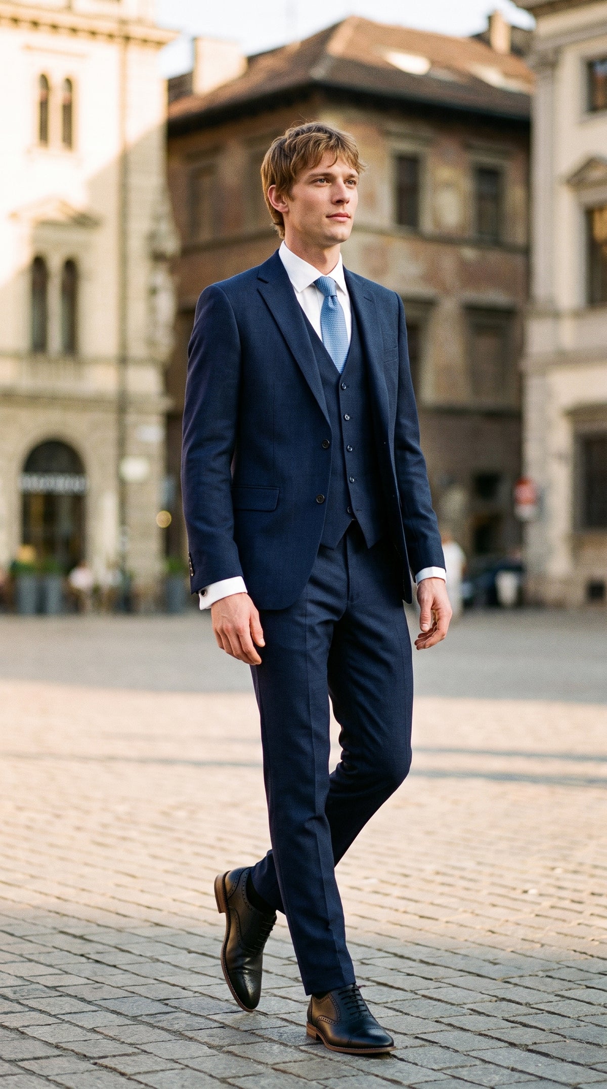 Look #822 styled with James - vyriškas tamsiai mėlynas trijų dalių vilnonis kostiumas, priglundantis prie audinio