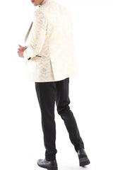 Vyriškas trijų dalių kreminės spalvos dramblio kaulo spalvos kostiumas su peteliške, smokingu, vestuvių ceremonija, jaunikio išleistuvės