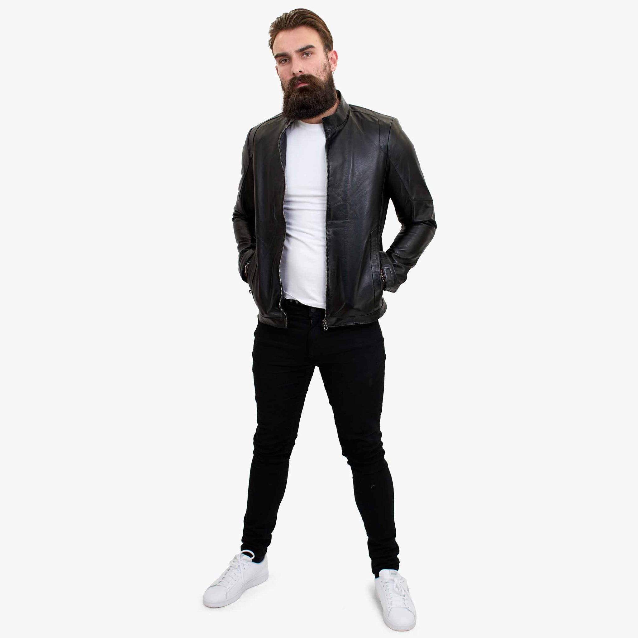 „Happy Gentleman B102“ – tikros odos, pritaikyto kirpimo vyriška juoda baikerio striukė