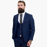 „Happy Gentleman BELLO“ tamsiai mėlynas trijų dalių vilnonis kostiumas, priglundantis prie kūno