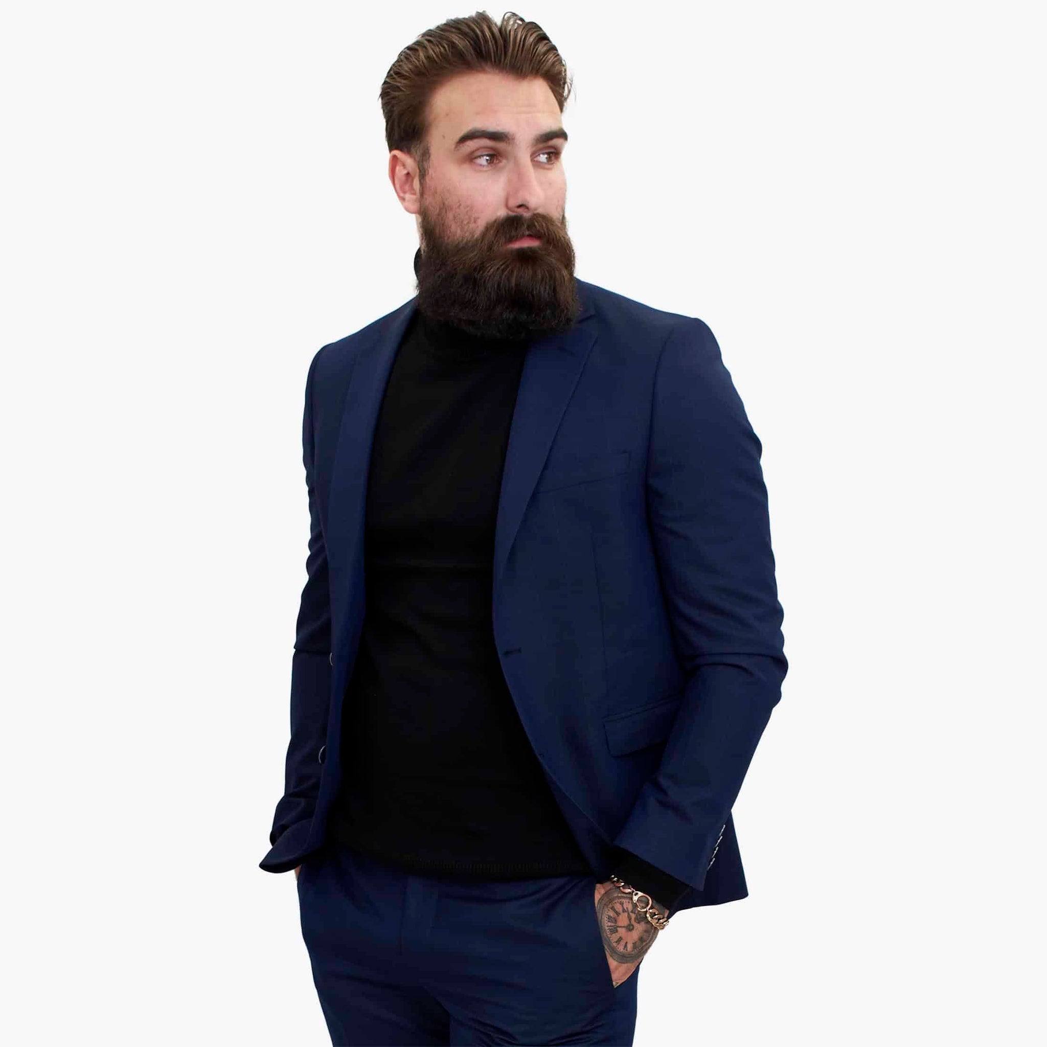 „Happy Gentleman BELLO“ tamsiai mėlynas trijų dalių vilnonis kostiumas, priglundantis prie kūno