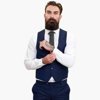 „Happy Gentleman BELLO“ tamsiai mėlynas trijų dalių vilnonis kostiumas, priglundantis prie kūno