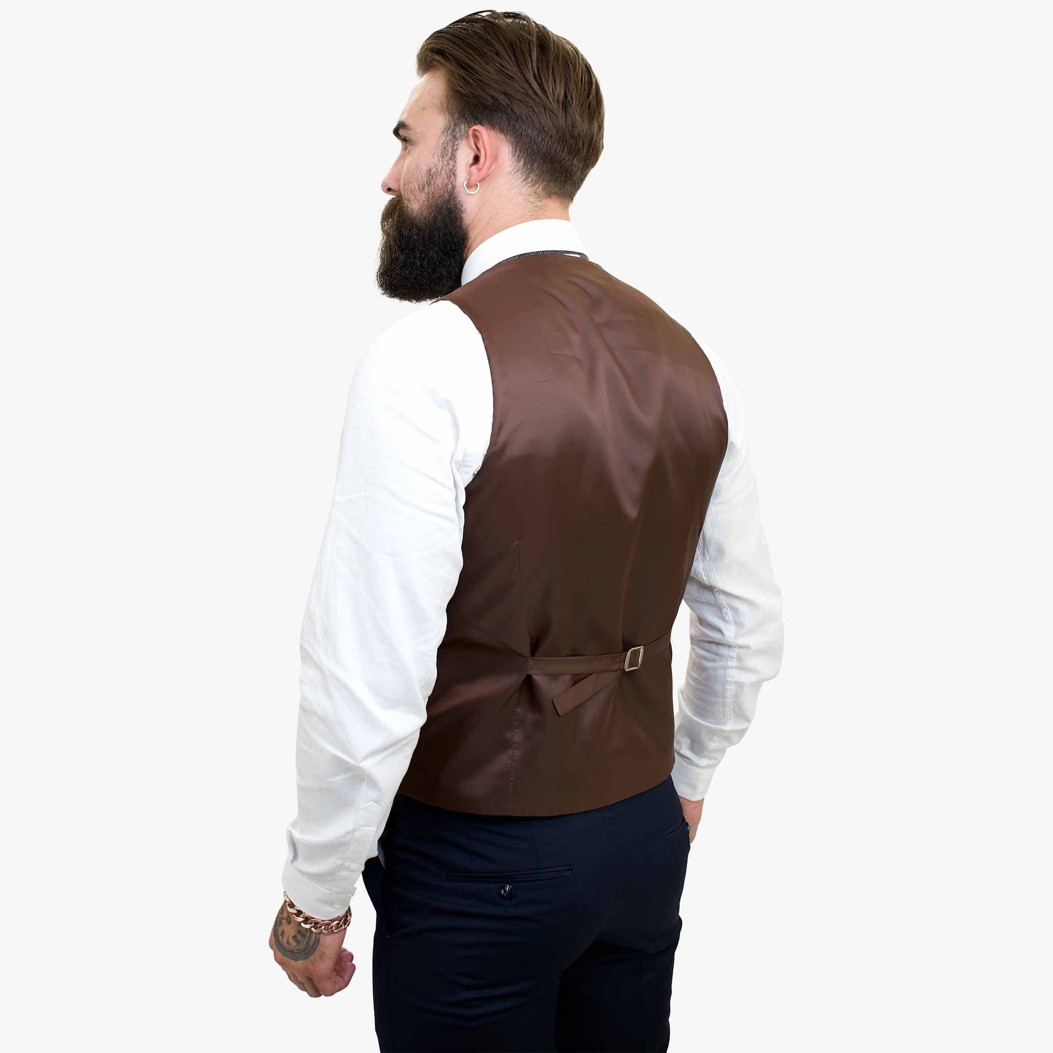 „Happy Gentleman ELEGANTE“ vilnonis trijų dalių kostiumas su kontrastinga ruda liemene