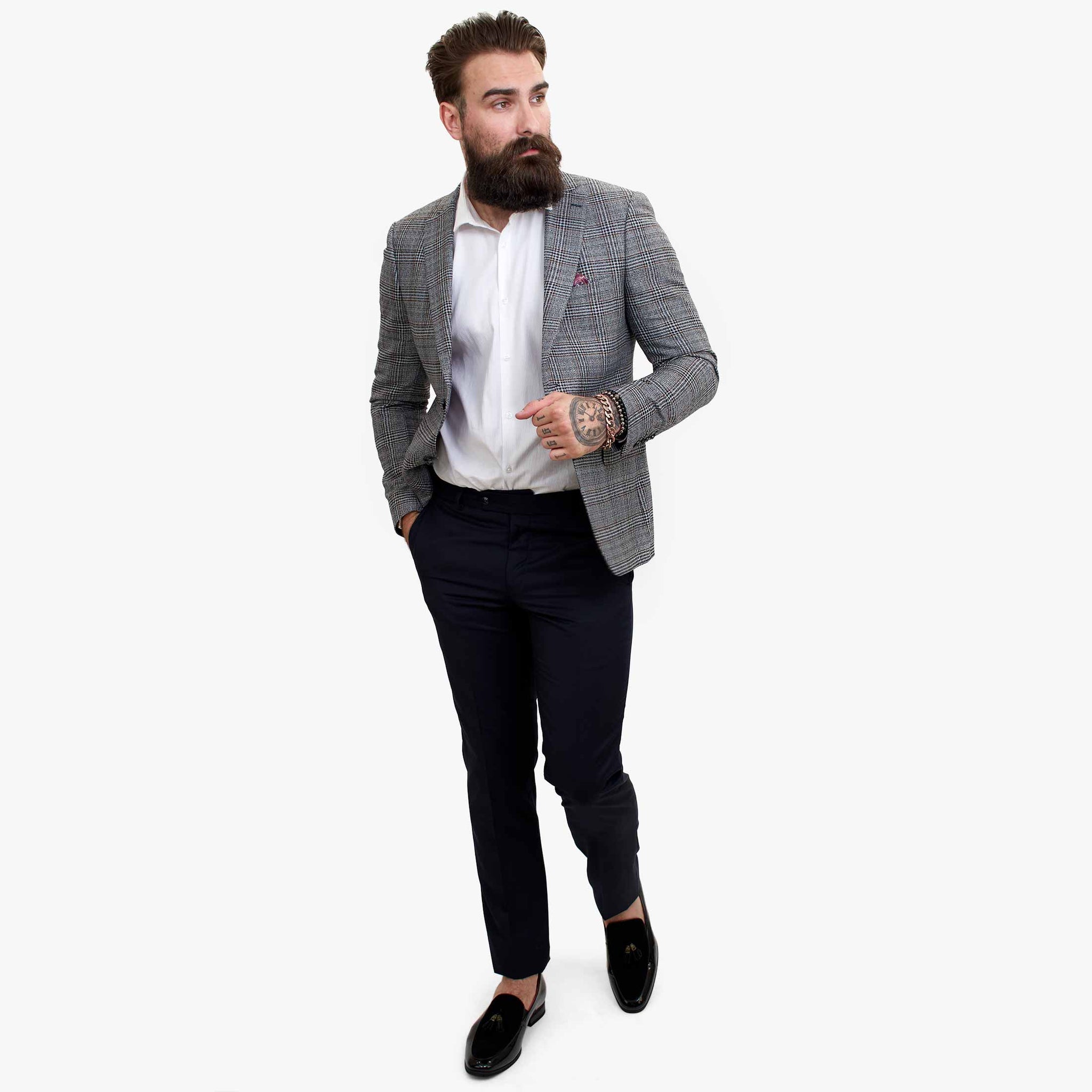 „Happy Gentleman ELEGANTE“ vilnonis trijų dalių kostiumas su kontrastinga ruda liemene