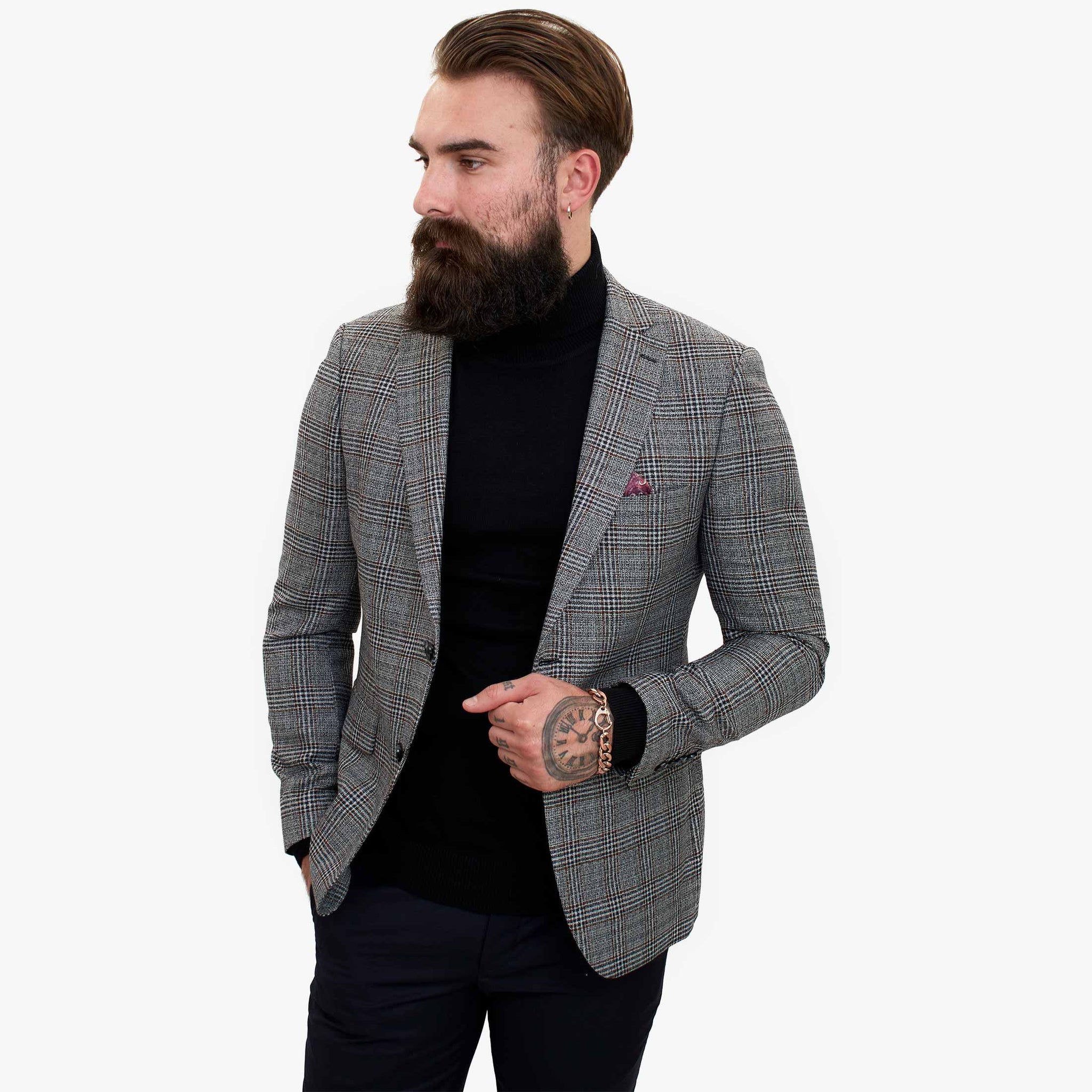 „Happy Gentleman ELEGANTE“ vilnonis trijų dalių kostiumas su kontrastinga ruda liemene