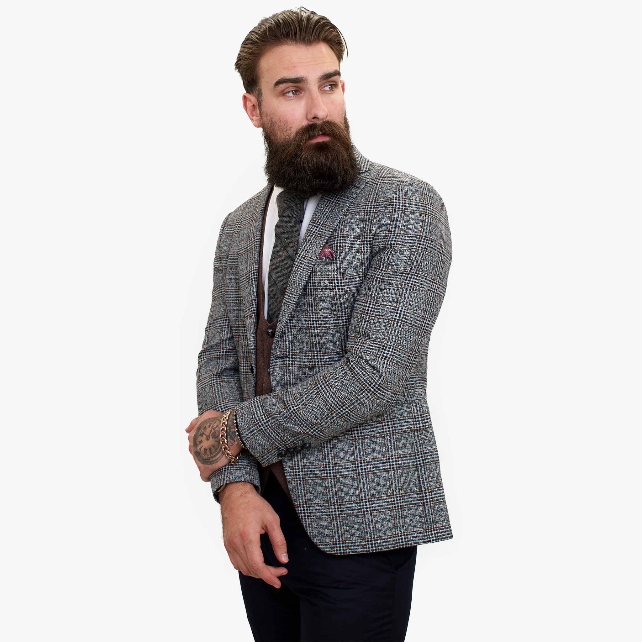 „Happy Gentleman ELEGANTE“ vilnonis trijų dalių kostiumas su kontrastinga ruda liemene