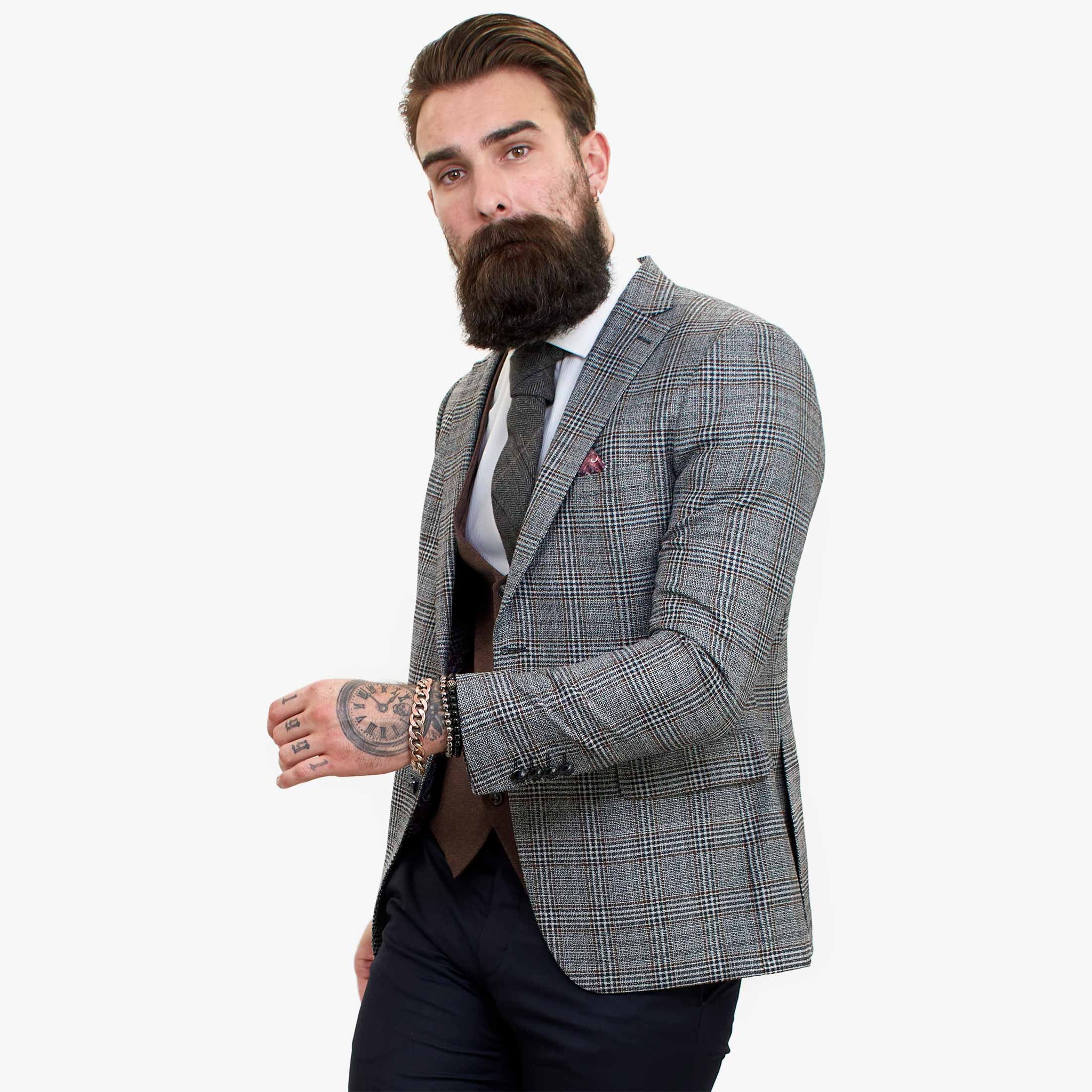 „Happy Gentleman ELEGANTE“ vilnonis trijų dalių kostiumas su kontrastinga ruda liemene