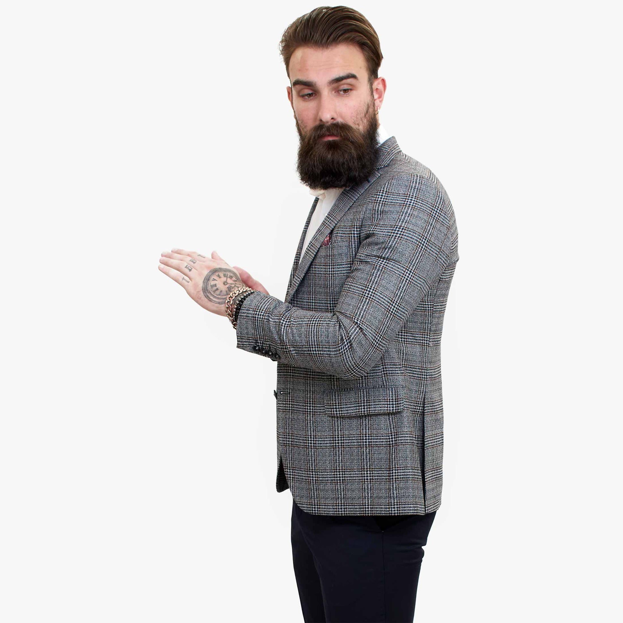 „Happy Gentleman ELEGANTE“ vilnonis trijų dalių kostiumas su kontrastinga ruda liemene