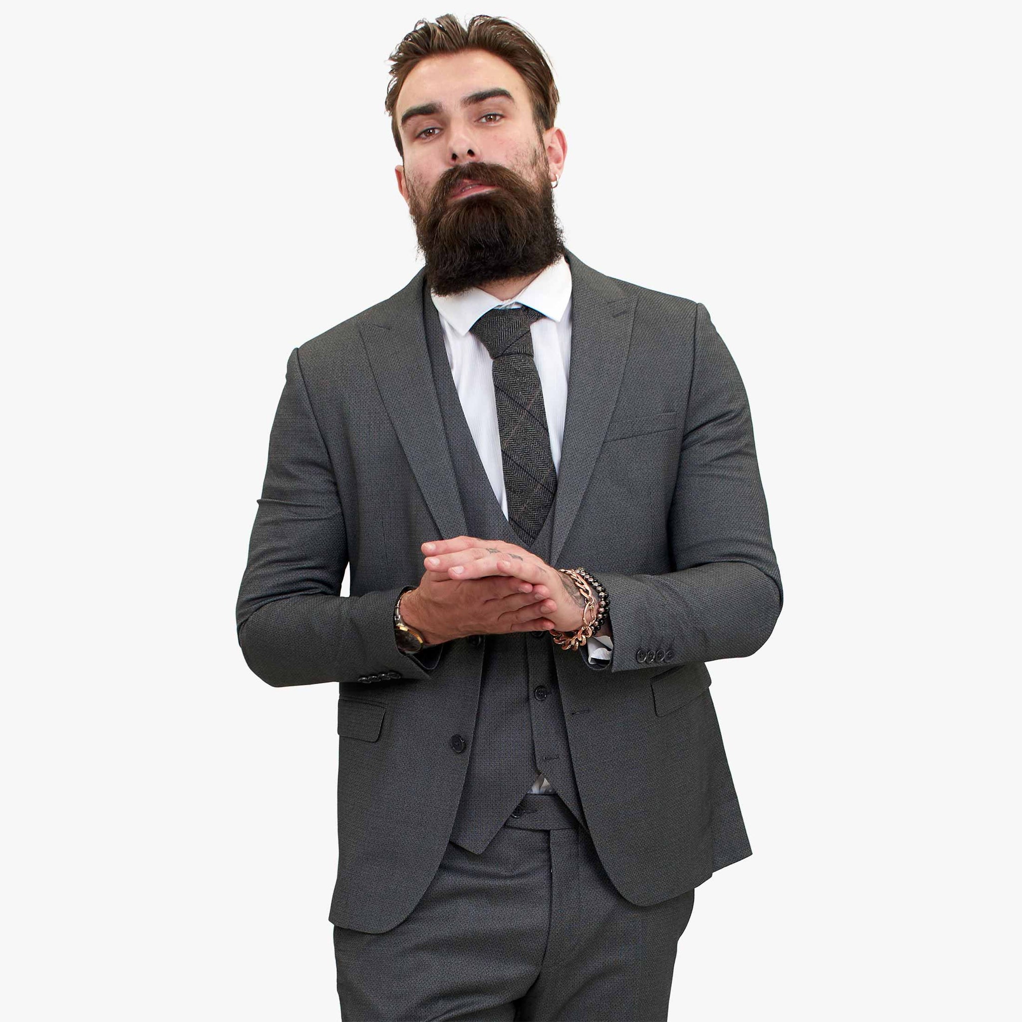 „Happy Gentleman MIROLE“ pilkas, priglundantis, trijų dalių vilnonis kostiumas