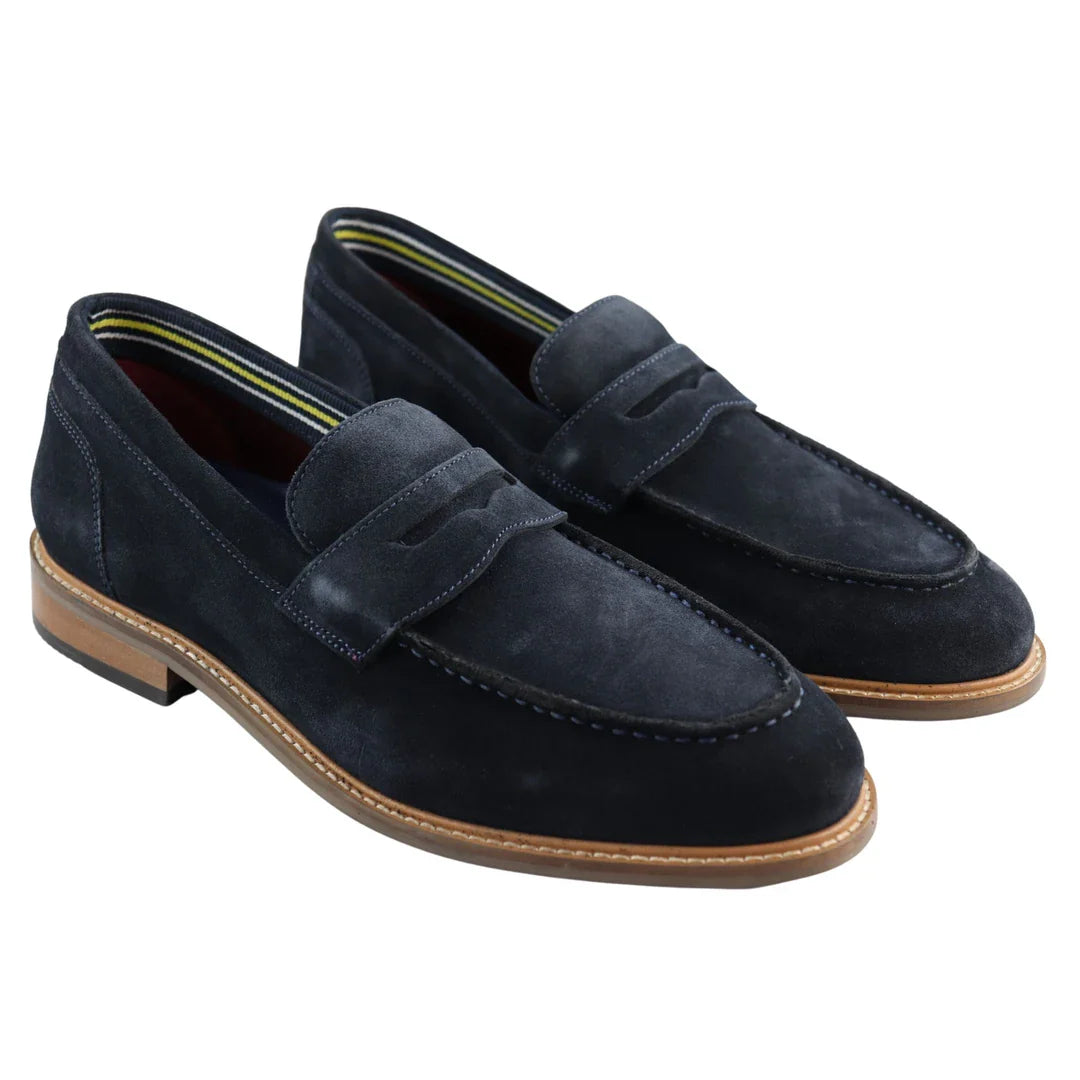 Vyriški „Real Full Suede“ užsegami mokasinai, tamsiai mėlyni, laisvalaikio, klasikinio stiliaus, patogūs.