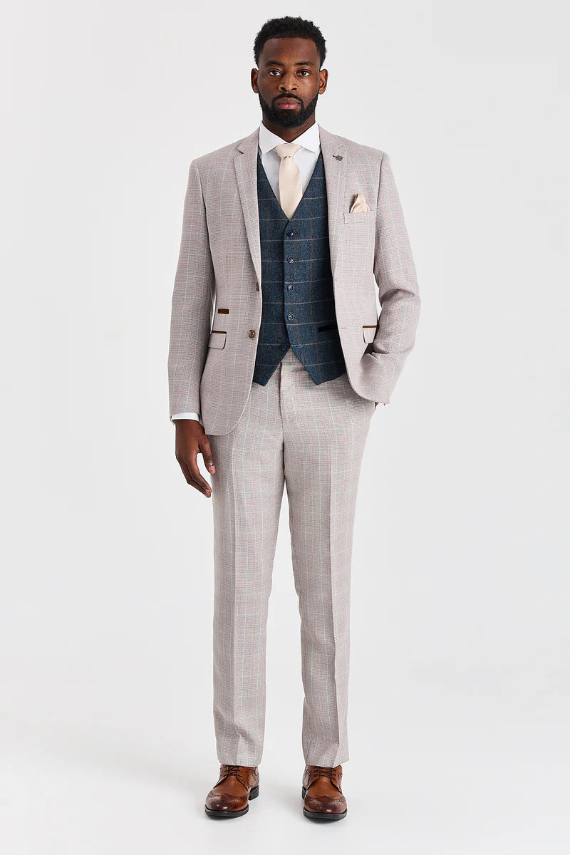 Leo smėlio spalvos kostiumas su Harris Navy Tweed liemene