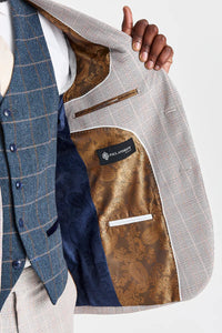 Leo smėlio spalvos kostiumas su Harris Navy Tweed liemene