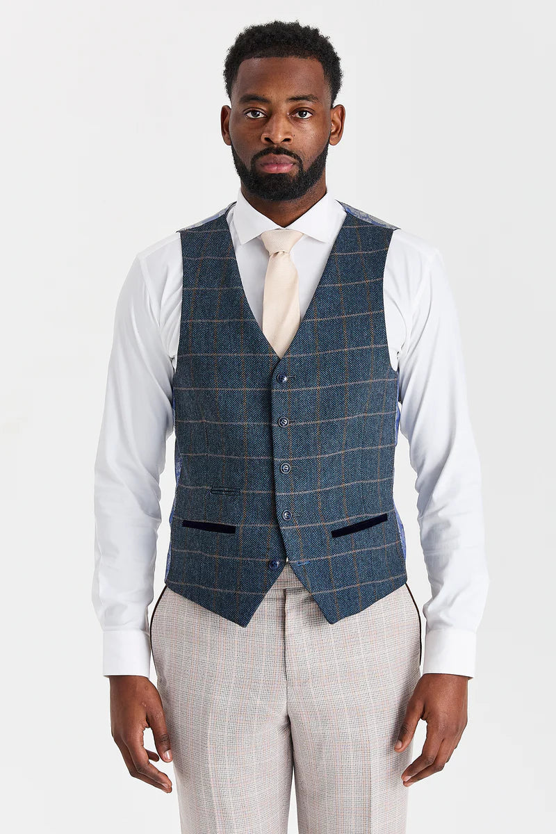 Leo smėlio spalvos kostiumas su Harris Navy Tweed liemene