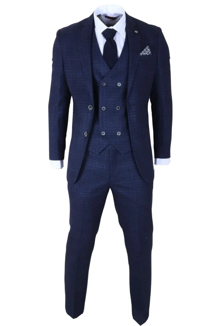 Luis - vyriškas mėlynas languotas plonas trijų dalių kostiumas