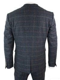 Vyriškas tamsiai mėlynas vyno languotas tvido vintažinis trijų dalių naujas Marc Darcy kostiumas su silkės kaulo raštu