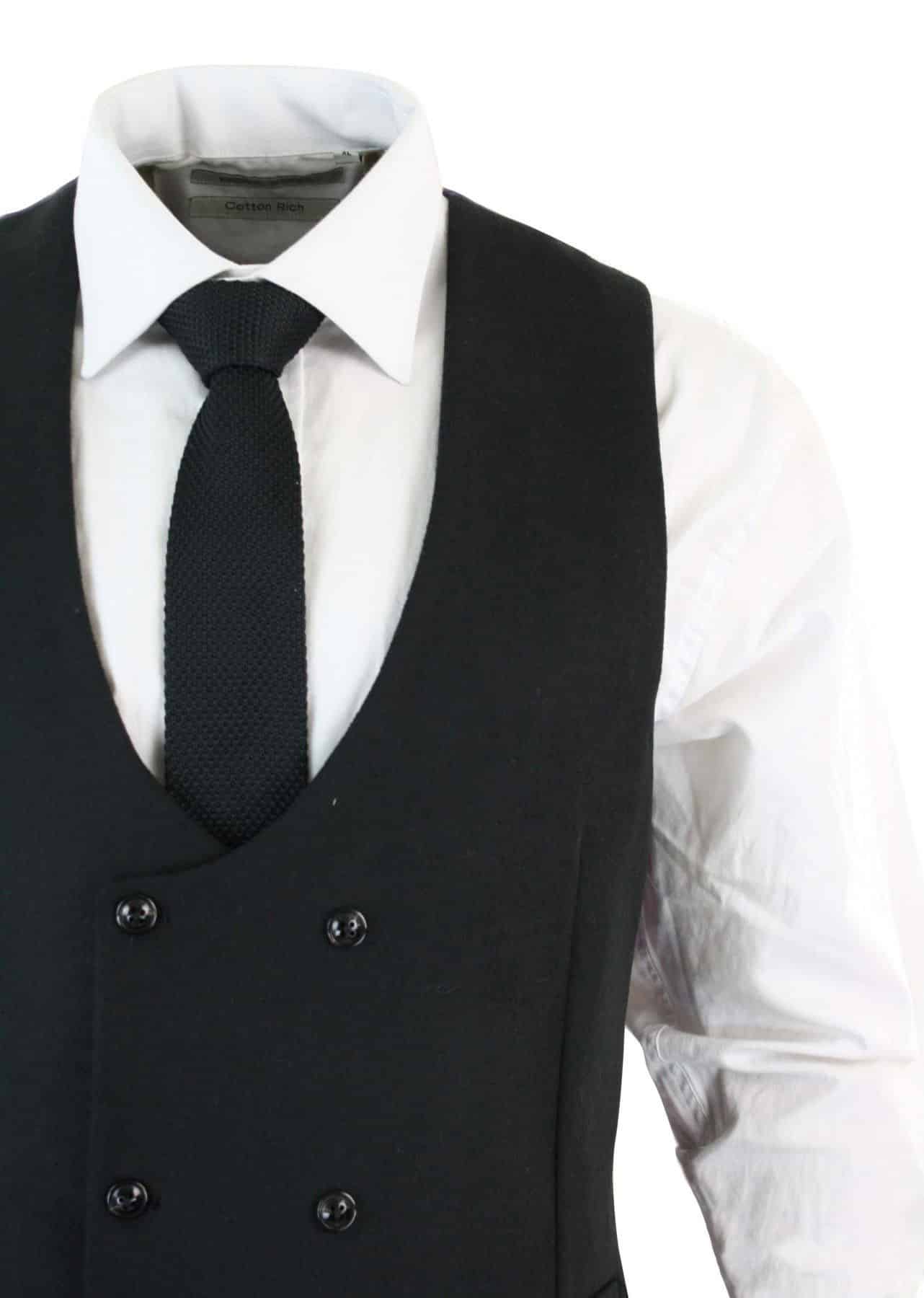 Vyriška dvieilė veltinio tvido liemenė su retro stiliaus raštu, plona kirpimo, „Herringbone“ rašto, DBC, juoda
